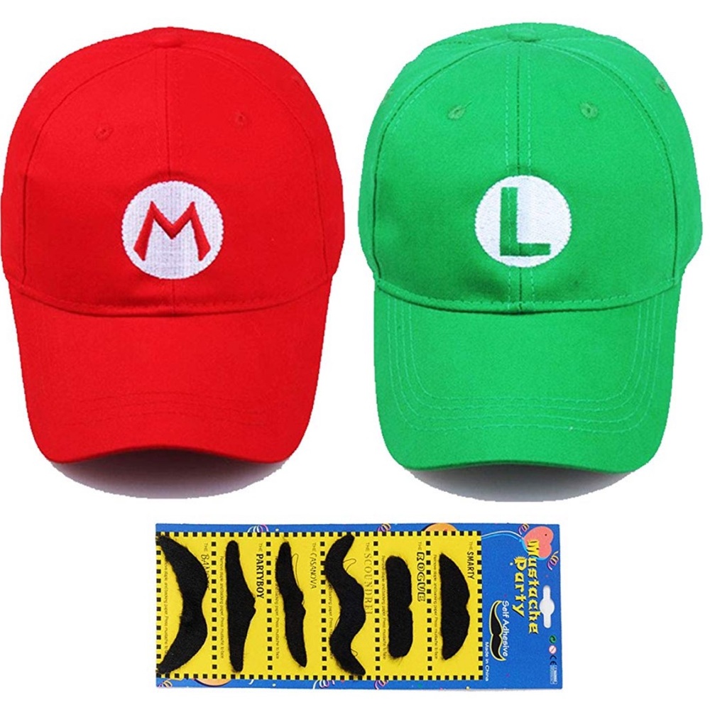 Mario and Luigi hats with multiple fake mustaches
